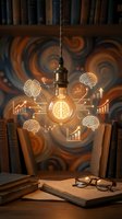Hanging vintage filament bulb with glowing brain and business growth icons, surrounded by books and eyeglasses on wooden desk, symbolizing innovation and intellectual development for creative projects.
