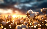 Cotton plant boll against golden sunset sky with bokeh lights and magical sparkles in warm evening light, natural organic farming background.