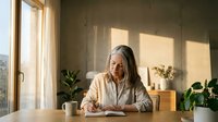 Mature woman with long gray hair and glasses, wearing a beige linen shirt, writing in a notebook at a wooden desk by a sunlit window with potted plants nearby.