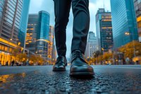 Business person wearing black leather shoes walking in modern urban environment at dusk, with illuminated skyscrapers and city lights in background.