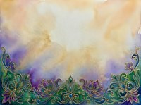 Ornate floral border with swirling green and purple decorative elements against warm golden and lavender gradient sky background. Suitable for invitations, cards, and design projects.
