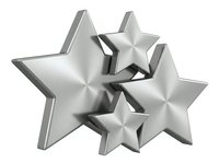 Metallic silver stars in various sizes arranged in a clustered composition on white background, isolated and ready for design projects, web graphics, and promotional materials.