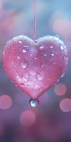 Pink heart-shaped glass ornament with water drops against blurred purple background, romantic mood lighting creates dreamy bokeh effect for Valentine designs.