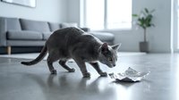 Gray tabby cat sniffing crumpled paper on polished floor in modern living room with sofa and plant, capturing curious feline behavior and playful exploration indoors.