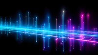 Glowing neon blue and pink light trails with vertical beams on black background create futuristic technology visualization effect for digital media designs.