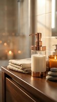 Elegant bathroom counter with rose gold soap dispenser, folded towels, stacked stones, and glowing candle in warm ambient light.