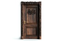 Ornate wooden door with carved floral details and decorative frame featuring classical design elements on white background, isolated for architectural visualization.