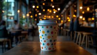 Colorful polka dot takeaway coffee cup on wooden table in cozy cafe with warm bokeh lights in background.