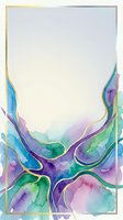 Watercolor abstract frame with flowing waves in blue, purple, green, and pink tones featuring gold accents. Isolated on white background, ready for design use on invitations, posters, and social media graphics.