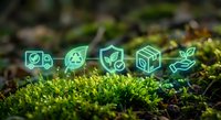 Green eco-friendly icons floating above moss representing sustainable delivery, recycling, protection, packaging and environmental care concepts.