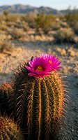 Vibrant pink cactus flower blooming on barrel cactus in desert landscape with mountains and golden hour lighting creating warm natural scenery.