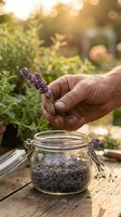 Male hand holding fresh lavender flower over glass jar filled with dried lavender buds in sunny garden setting, ideal for herbal remedies, aromatherapy products, and wellness content.