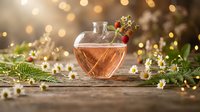 Heart-shaped glass teapot with herbal tea surrounded by chamomile flowers and evergreen branches on rustic wooden table with warm bokeh lights.