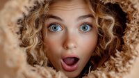 Young woman with bright blue eyes and blonde curly hair expressing surprise with open mouth, framed by cozy faux fur hood in warm brown tones.