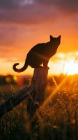 Cat silhouette sitting on wooden fence post during golden hour sunset with warm orange sky and grass field creating peaceful rural scene.