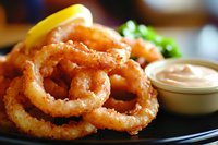 Crispy golden onion rings served on dark plate with creamy dipping sauce and fresh herbs, close-up view showing texture and breading detail. Restaurant appetizer.