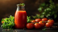 Fresh tomato juice in glass bottle with herbs and ripe tomatoes on rustic wooden table, healthy vegetable drink for detox and nutrition.