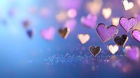 Glowing pink and gold heart shapes floating on dreamy blue bokeh background with sparkles and light effects, romantic Valentine's day celebration atmosphere.