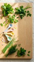Fresh herbs arranged on wooden cutting board with colorful measuring spoons for culinary cooking and food preparation in kitchen.