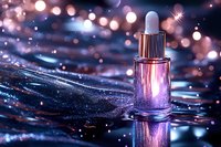 Luxury purple serum bottle with rose gold dropper on reflective surface with bokeh lights for premium skincare and beauty products.