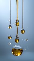 Golden liquid drops falling in sequence against blue background, capturing moment of suspension with transparent spheres and tiny water splashes.
