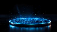 Glowing blue circular platform with magical sparkles and light effects against dark background, creating futuristic product display stage with ethereal atmosphere.