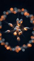 Glowing neural network nodes connected by luminous threads on dark background, symbolizing science, technology, and artificial intelligence concepts.