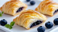 Fresh baked blueberry puff pastry with flaky golden crust and sweet berry filling, garnished with mint leaves and fresh blueberries on white plate.