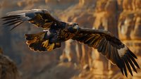 Majestic golden eagle soaring with outstretched wings against dramatic canyon landscape during golden hour light creating powerful wildlife photography composition.