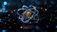 Glowing atomic structure with orbiting electrons and energy particles on dark background, scientific concept visualization for quantum physics and nuclear research.