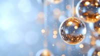 Shiny disco ball ornaments with golden reflections against soft blue bokeh background create festive holiday atmosphere for celebration and party design.