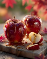 Fresh red apples drizzled with caramel sauce on wooden cutting board with autumn maple leaves in background, perfect for seasonal food concepts.