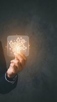 Businessman hand touching glowing digital interface with automation icons and gears representing workflow optimization and business process management.