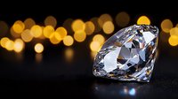 Large brilliant cut diamond on dark surface with golden bokeh lights in background, luxury jewelry concept with dramatic lighting and reflections.