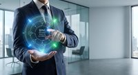 Professional businessman in suit presenting holographic BPMS business process management system interface with glowing digital elements in modern office.