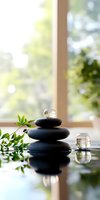 Stacked black massage stones with glass spheres and green leaves on reflective surface, natural window light creates zen atmosphere for spa and wellness concept.