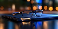 Reading glasses resting on leather wallet with blurred city lights bokeh in background creating atmospheric evening mood and reflective surface.