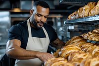 Professional African American baker arranging fresh croissants on display rack in commercial bakery kitchen wearing apron.