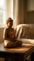 Wooden Buddha statue in meditation pose on table with warm sunlight streaming through window creating peaceful zen atmosphere for mindfulness and spiritual practice.