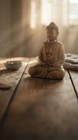 Wooden Buddha statue in meditation pose on rustic table with incense bowl and soft golden sunlight creating peaceful zen atmosphere for mindfulness practice.