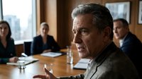 Mature male executive with gray hair and olive complexion, wearing business attire, speaking during corporate meeting in modern office boardroom with colleagues and city skyline view.