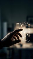 Hand touching glowing digital hologram displaying smart city infrastructure, buildings, and connected technology icons in dark urban environment for business solutions.