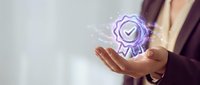 Businesswoman holding glowing purple checkmark badge with sparkles, representing approval, quality assurance, verification, and success in corporate environments.
