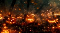 Glowing carved pumpkins with sinister faces amid falling autumn leaves and magical sparkles create spooky Halloween atmosphere in dark forest setting.