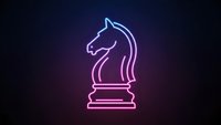 Neon chess knight piece glowing in blue and pink colors on dark background for strategic business concepts and gaming applications.
