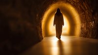 Mysterious hooded figure silhouetted in glowing tunnel light creates dramatic spiritual atmosphere. Dark figure walking towards bright golden illumination in stone passageway.