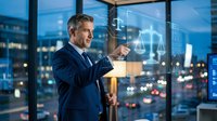 Professional mature Caucasian businessman in dark suit interacting with digital justice scales hologram in modern office at night with city lights background.
