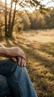 Senior man hands resting on knee in peaceful autumn park setting with warm golden sunlight filtering through trees creating serene outdoor atmosphere.