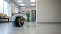Tabby cat emerging from blue pet carrier in veterinary clinic waiting room with medical staff and equipment visible in background.