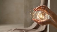 Hands holding glowing padlock symbol with golden light particles, representing digital security, data protection, and cybersecurity solutions for business and technology concepts.